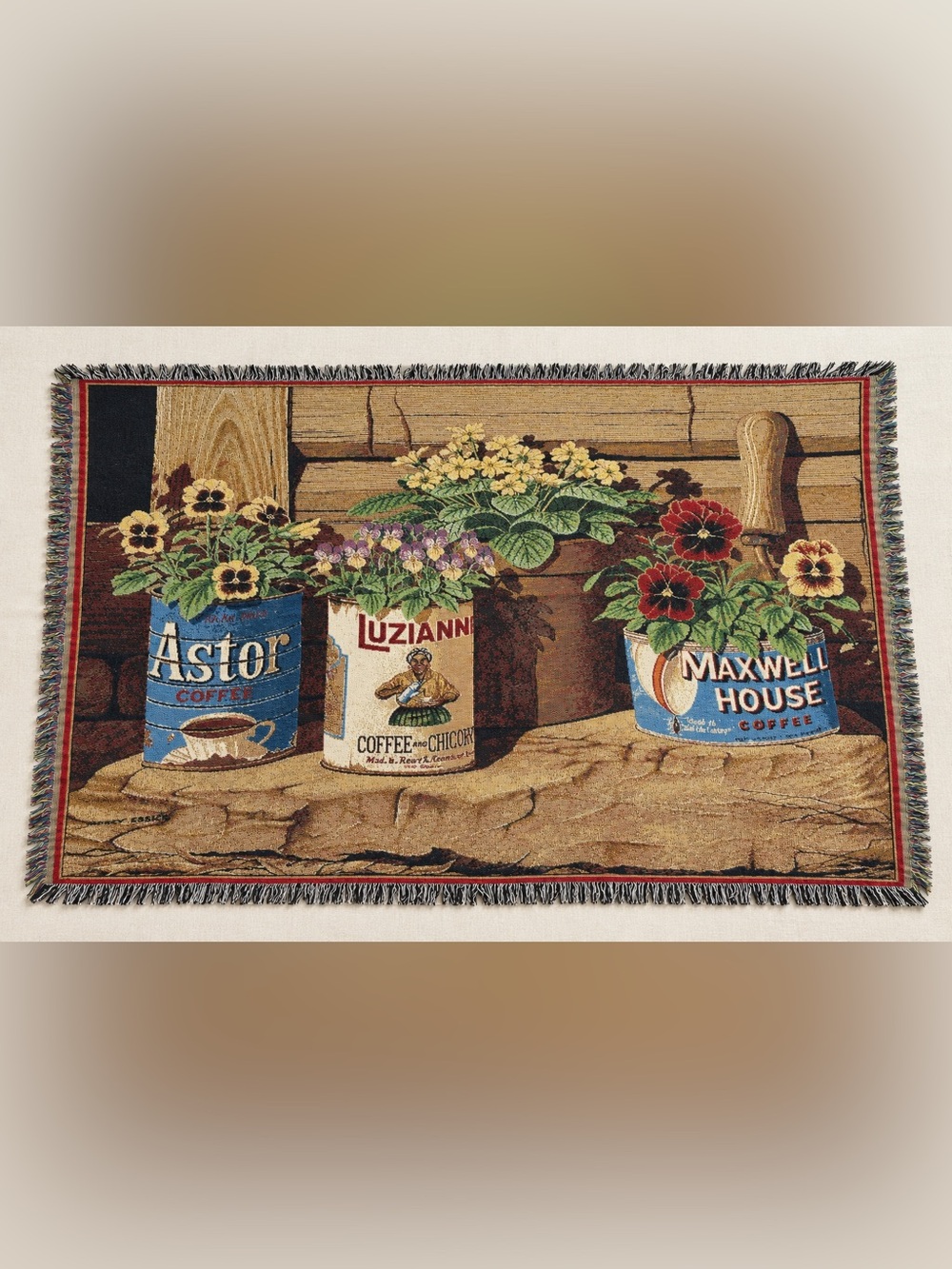 Vintage Garden Tapestry Blanket – Floral Coffee Tin Design – Cottage Decor